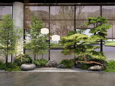 Modern Indoor Landscape with Pine Tree Bamboo Stone Lantern and Wooden Screen 3d model