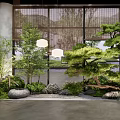 Modern Indoor Landscape with Pine Tree Bamboo Stone Lantern and Wooden Screen
