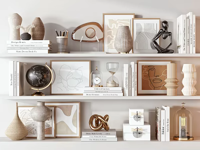 Modern Decorative Ornament Set On Shelf With Sculptures Vases Frames Books Globe And Hourglass 3d model
