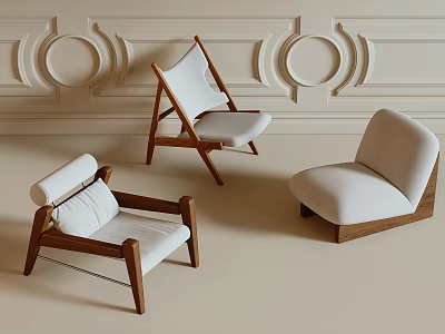 Modern Leisure Chairs With Wooden Frames And White Upholstery In Interior Setting 3d model