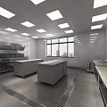 Professional Commercial Kitchen Interior With Multiple Stainless Steel Workstations Exhaust Hood And Windows