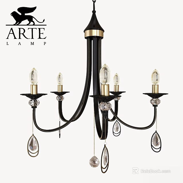 Elegant Black Chandelier With Gold Accents Crystal Pendants And Candle Style Bulbs 3d model 