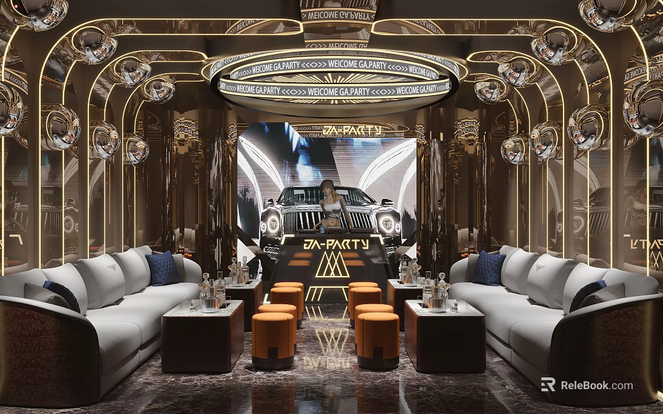 Luxury KTV Interior Design With Elegant Sofa Seating Large Screen And Decorative Lights 3d model 