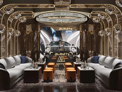 Luxury KTV Interior Design With Elegant Sofa Seating Large Screen And Decorative Lights 3d model