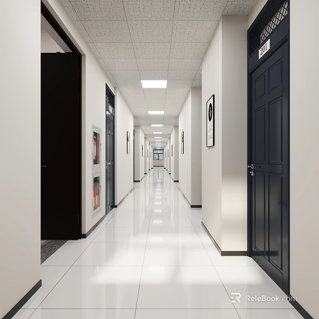 Long Modern Corridor With White Walls Ceiling Lights Black Doors And Paintings 3d model 