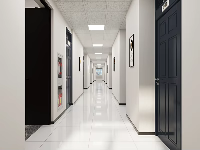 Long Modern Corridor With White Walls Ceiling Lights Black Doors And Paintings 3d model