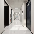 Long Modern Corridor With White Walls Ceiling Lights Black Doors And Paintings