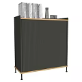 Black Sideboard With Vertical Slat Doors Books Glass Bottle On Top Golden Frame Slim Legs
