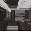 Chinese Style Elevator Hallway with Stone Walls Bamboo Water Features Chandeliers and Wooden Flooring