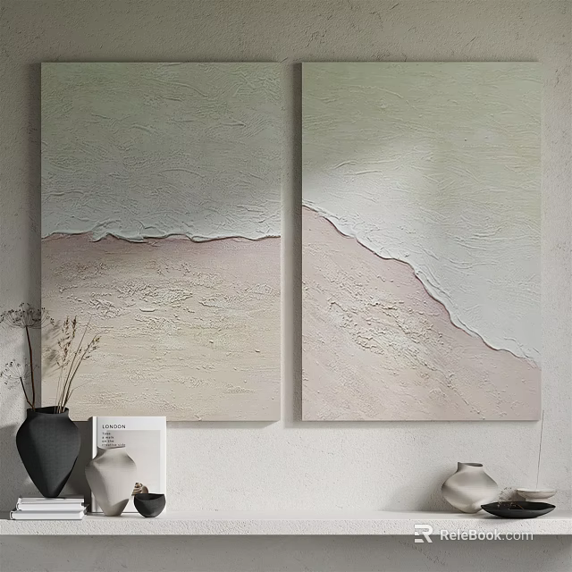 Two Panel Abstract Wall Art With Soft Green Beige And Textured Design 3d model