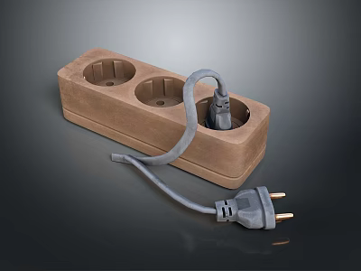 Brown Computer Power Strip With Two Sockets And Plugged In Cable 3d model