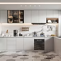 Modern Kitchen Interior With White Cabinets Marble Countertop Built-in Appliances Shelves Lighting And Tiled Floor