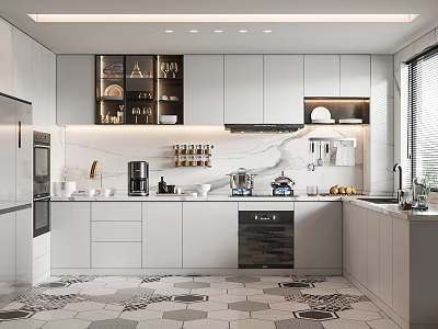 Modern Kitchen Interior With White Cabinets Marble Countertop Built-in Appliances Shelves Lighting And Tiled Floor 3d model