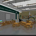 Modern Kindergarten Classroom Spacious Open Layout With Wooden Tables Chairs Bookshelves Green Plants And Windows