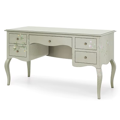 Elegant Light Green Desk With Floral Pattern Drawers And Curved Legs 3d model