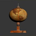 Vintage Orange Globe With Wooden Curved Stand And Red Meridians Parallels