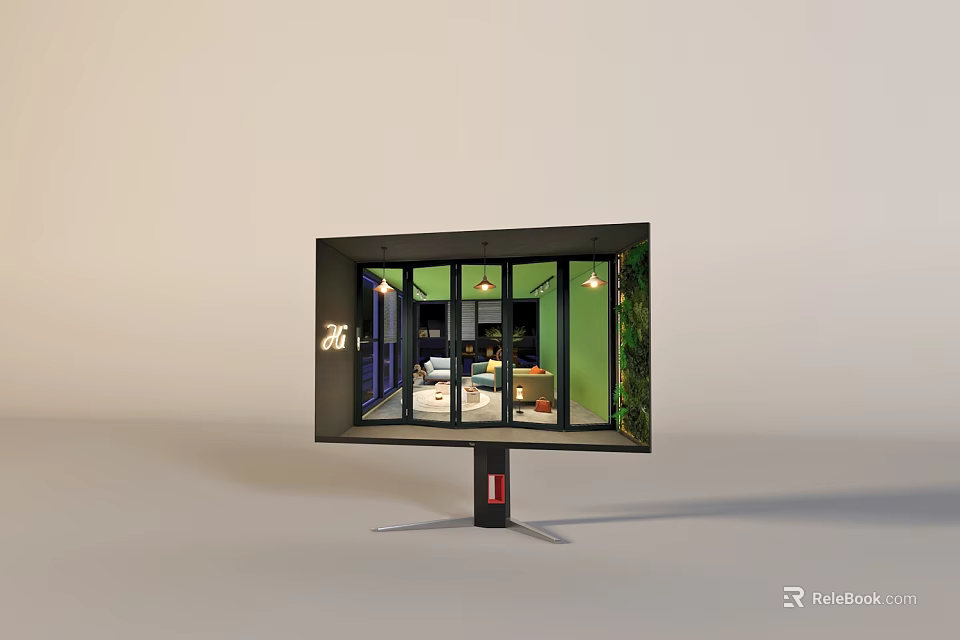 Modern Computer Monitor Displaying Stylish Interior Scene With Green Plants And Furniture 3d model 
