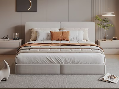 Modern Minimalist Upholstered Double Bed With Orange Pillow Nightstand And Green Plant 3d model