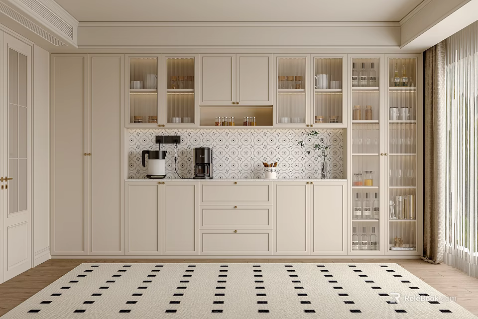 Elegant Modern Wine Cabinet Design With White Glass Door Cabinets Glassware Coffee Machine On Countertop 3d model 