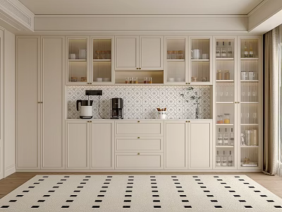 Elegant Modern Wine Cabinet Design With White Glass Door Cabinets Glassware Coffee Machine On Countertop 3d model