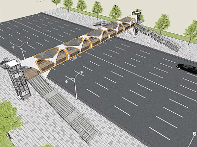 Pedestrian Bridge With Unique Circular Frame Over Parking Lot Featuring Street Lights And Trees 3d model