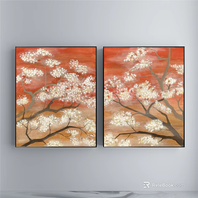 Two Panel Botanical Paintings with White Flowers Branches on Red Background Black Frames 3d model