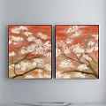 Two Panel Botanical Paintings with White Flowers Branches on Red Background Black Frames 3d model