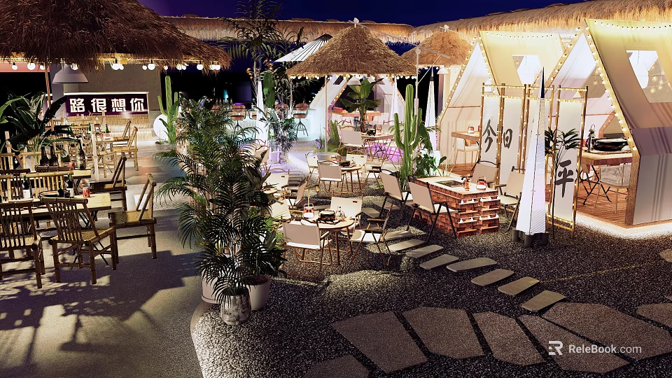 Outdoor Garden Decor With Thatch Umbrellas Cactus Plants Tables Chairs Stone Path Lighting 3d model 
