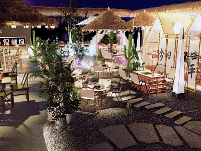Outdoor Garden Decor With Thatch Umbrellas Cactus Plants Tables Chairs Stone Path Lighting 3d model