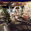 Outdoor Garden Decor With Thatch Umbrellas Cactus Plants Tables Chairs Stone Path Lighting