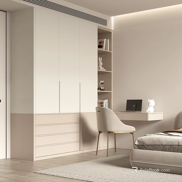Modern White Wardrobe with Drawers and Cabinets with Nearby Desk Chair Laptop and Decorative Items 3d model 