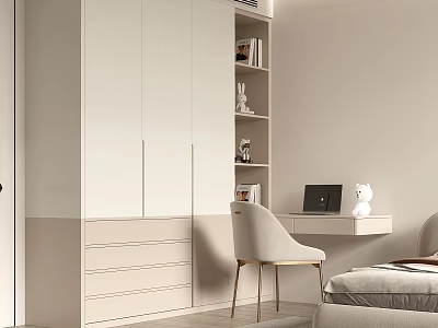 Modern White Wardrobe with Drawers and Cabinets with Nearby Desk Chair Laptop and Decorative Items 3d model