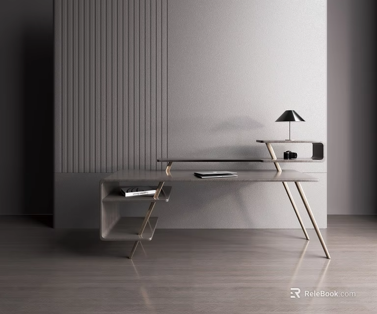 Modern Desk With Glass Top And Metal Frame Featuring Table Lamp Textured Wall Wooden Floor 3d model 