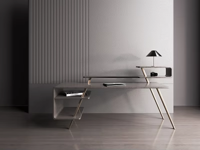 Modern Desk With Glass Top And Metal Frame Featuring Table Lamp Textured Wall Wooden Floor 3d model