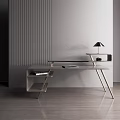 Modern Desk With Glass Top And Metal Frame Featuring Table Lamp Textured Wall Wooden Floor