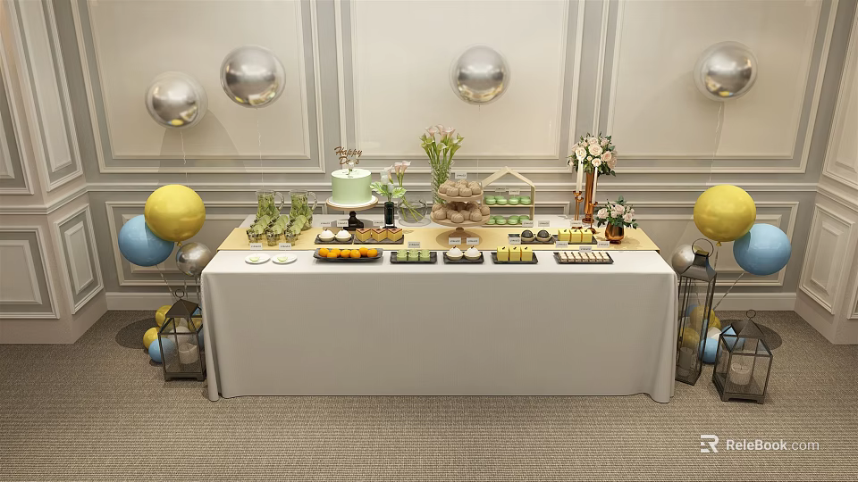Delicious Food Spread On Long Table With Cake Fruits Desserts And Balloon Decorations 3d model 