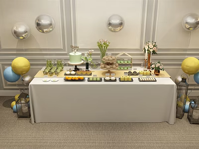 Delicious Food Spread On Long Table With Cake Fruits Desserts And Balloon Decorations 3d model