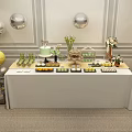 Delicious Food Spread On Long Table With Cake Fruits Desserts And Balloon Decorations