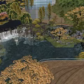 Serene Urban Park Landscape With Waterfall Colorful Trees And Modern Skyscrapers