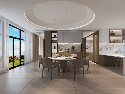 Modern Open Restaurant Interior With Round Ceiling Dining Table And Floor to Ceiling Windows 3d model