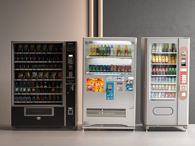 Commercial Vending Machines with Beverages Snacks Black White Silver Exteriors for Office Break Room 3d model