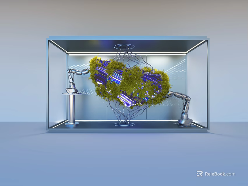 Futuristic Art Installation With Transparent Glass Case Green Plant Structure Robotic Arms And Connecting Lines 3d model 