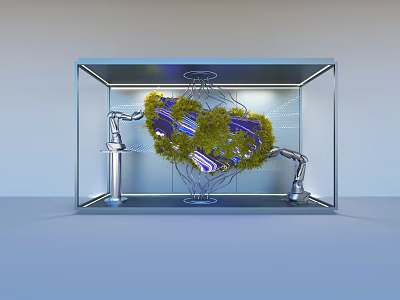 Futuristic Art Installation With Transparent Glass Case Green Plant Structure Robotic Arms And Connecting Lines 3d model