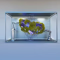 Futuristic Art Installation With Transparent Glass Case Green Plant Structure Robotic Arms And Connecting Lines
