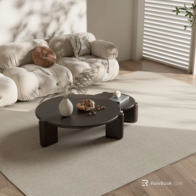 Modern Living Room Coffee Table With Vase Nuts Tray And Beige Sofa On Light Rug Near Window Blinds 3d model 