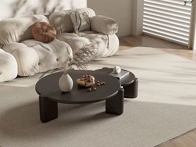 Modern Living Room Coffee Table With Vase Nuts Tray And Beige Sofa On Light Rug Near Window Blinds 3d model