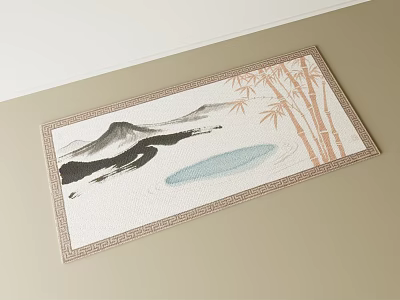 Square Carpet with Traditional Chinese Landscape Painting Mountains Bamboo and Water Elements 3d model