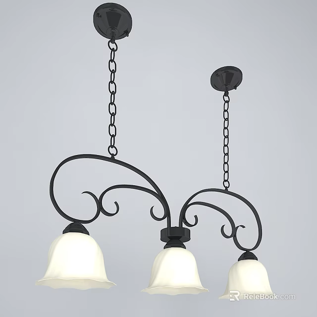 Black Metal Chandelier with Curved Scroll Design Hanging Chain and Three White Glass Shades 3d model 