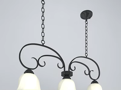 Black Metal Chandelier with Curved Scroll Design Hanging Chain and Three White Glass Shades 3d model