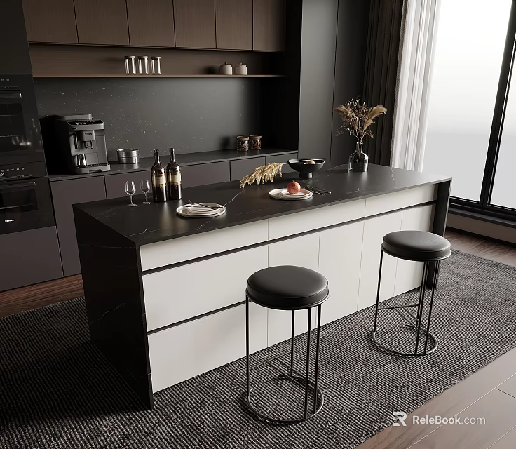 Modern Kitchen With Black Counter Island White Cabinets And Bar Stools 3d model 